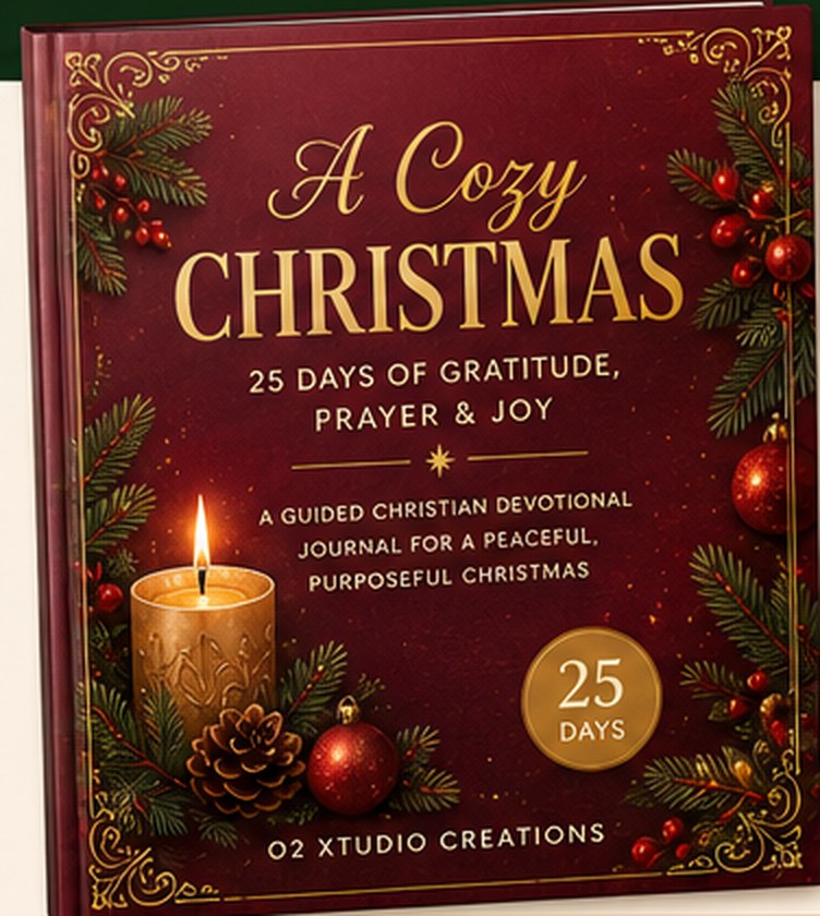 Burgundy and gold cover of A Cozy Christmas: 25 Days of Gratitude, Prayer & Joy