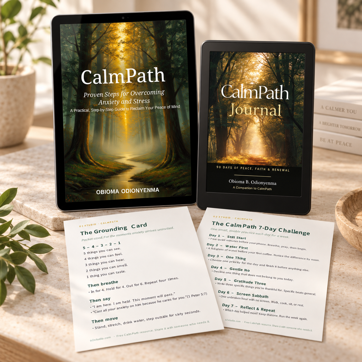 CalmPath Digital Practice Bundle displayed on tablets with Grounding Card and 7-Day Challenge